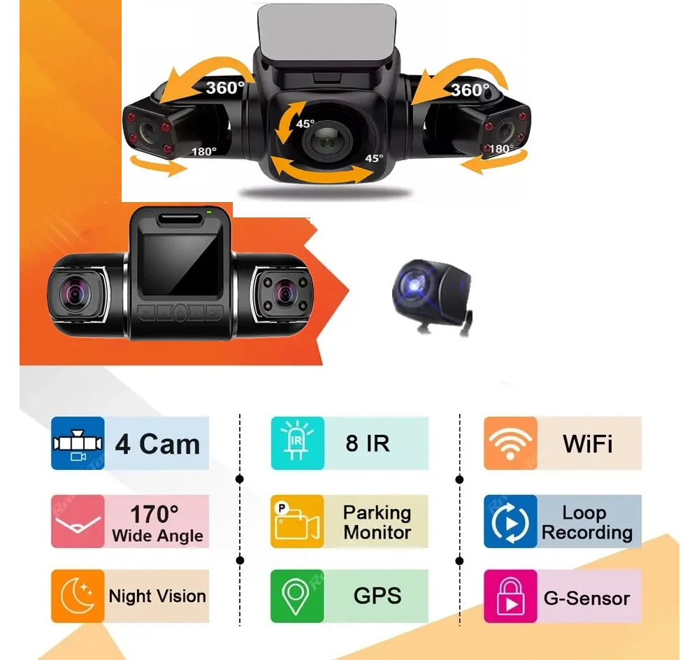 360° Dash Cam - Full HD, DVR,  Monitoring, High-Def Night Vision, and WiFi