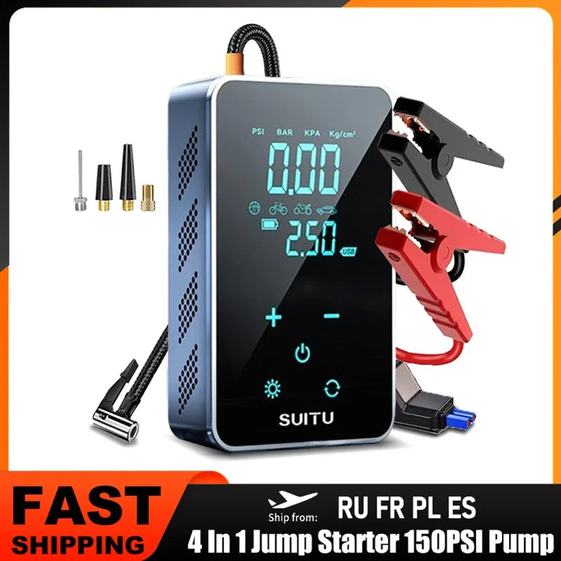 Upgraded 4 in1 Car Jump Starter Air Pump Portable Power Bank LED Lighting Tyre Inflator Battery Charger Booster Starting Device